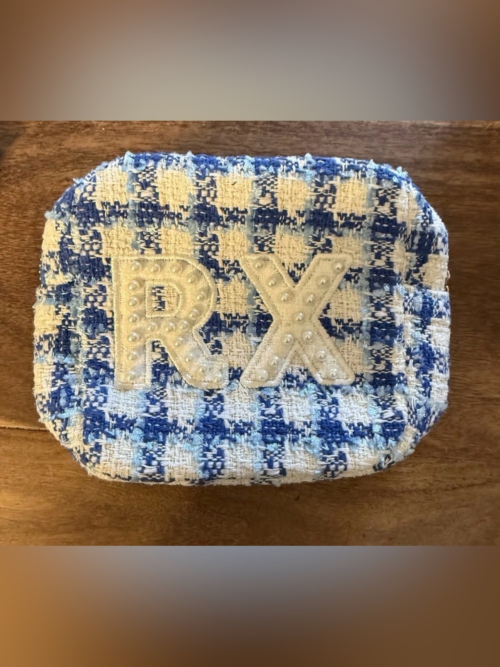 NWOT Kenz Kustomz Blue & White Checkered Plaid RX Pearl Zippered Mini Pouch